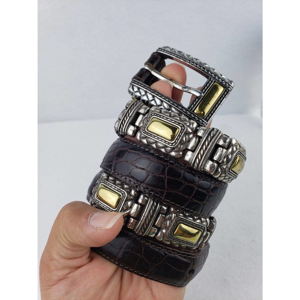 Brighton Womens Brown Croc Grain Leather Silver Gold Hinged Belt #44209 M-36"